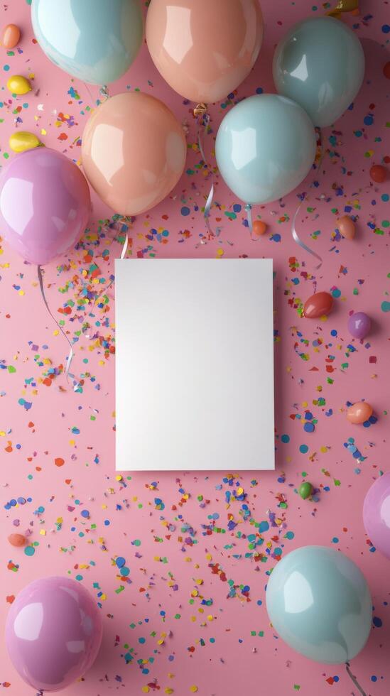 Colorful party setup with balloons and confetti around a blank card on a pink background photo