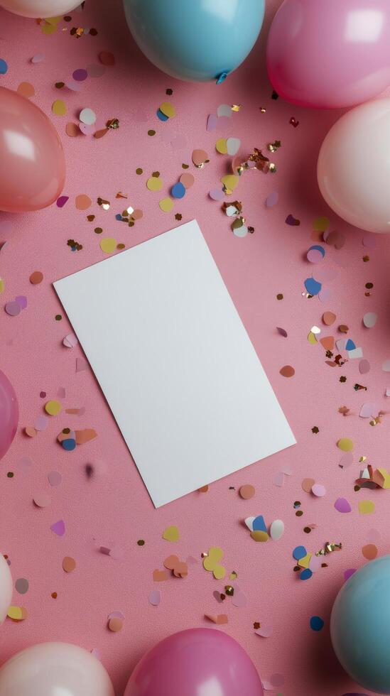 Colorful party setup with balloons and confetti around a blank card on a pink background photo
