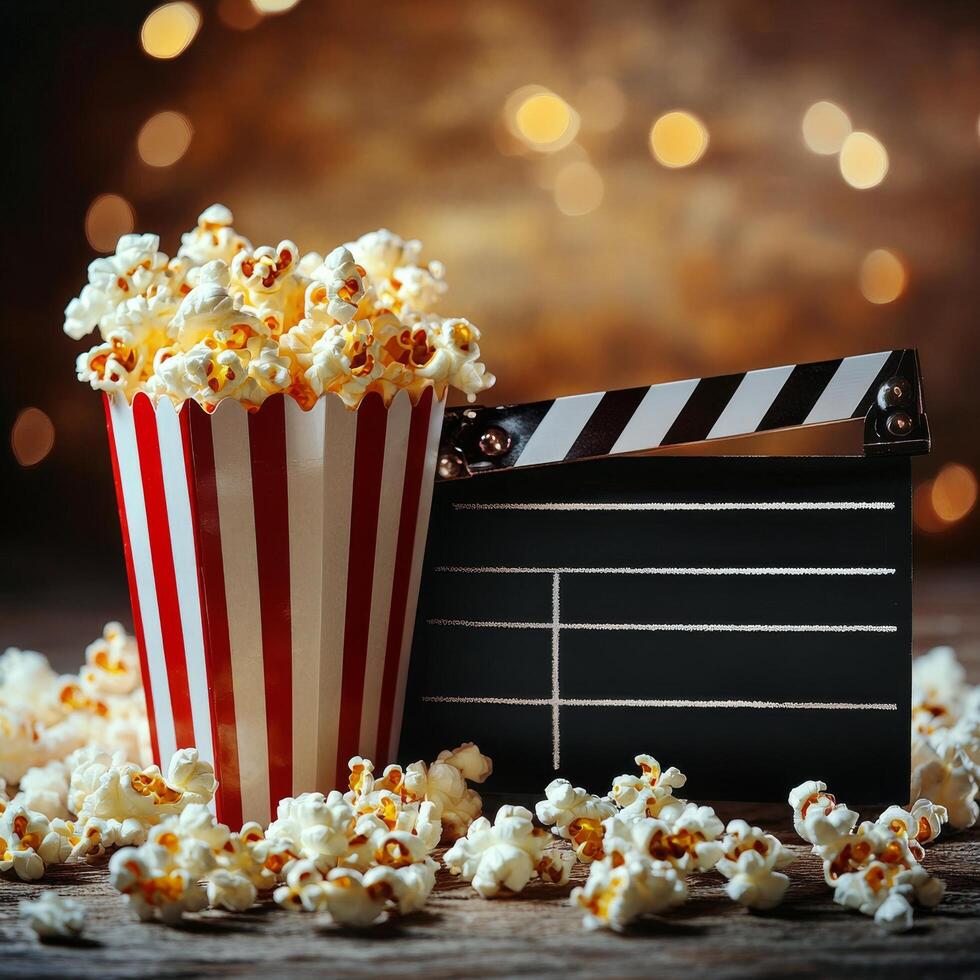 Popcorn and drinks create cozy movie night atmosphere with clapperboard nearby photo
