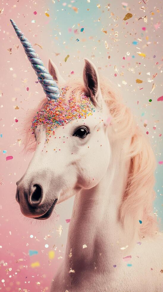 Enchanted unicorn with rainbow confetti against a pink background during a playful celebration photo