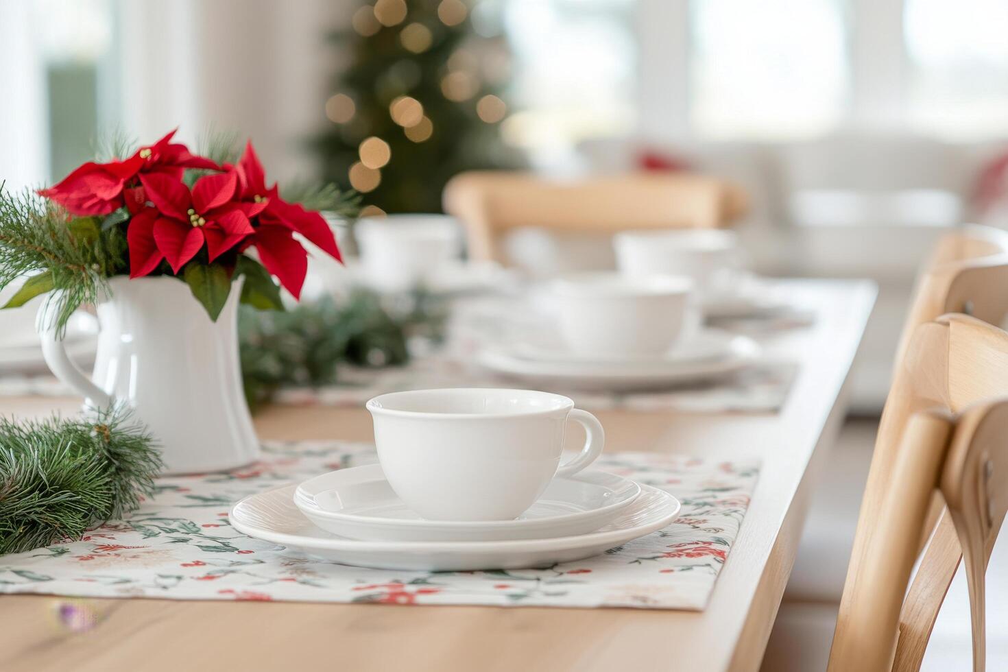 Elegant festive dining setup with holiday decorations and warm ambiance in a cozy living space photo