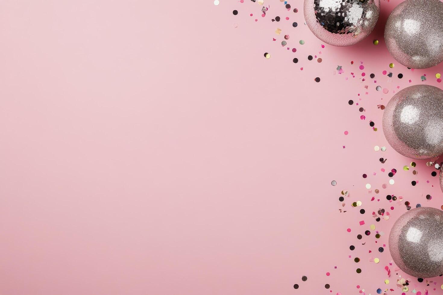 Pink background with shiny decorations and sparkling confetti for a festive celebration photo