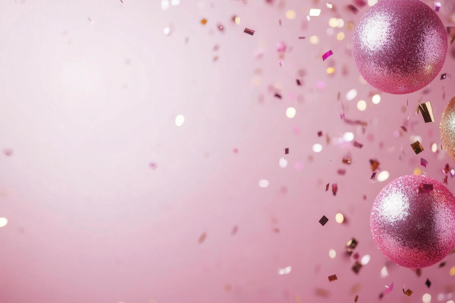 Pink background with shiny decorations and sparkling confetti for a festive celebration photo