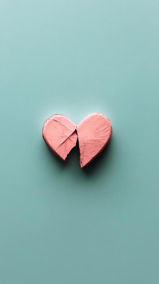 Broken heart shaped object in pastel pink color on light blue surface photo