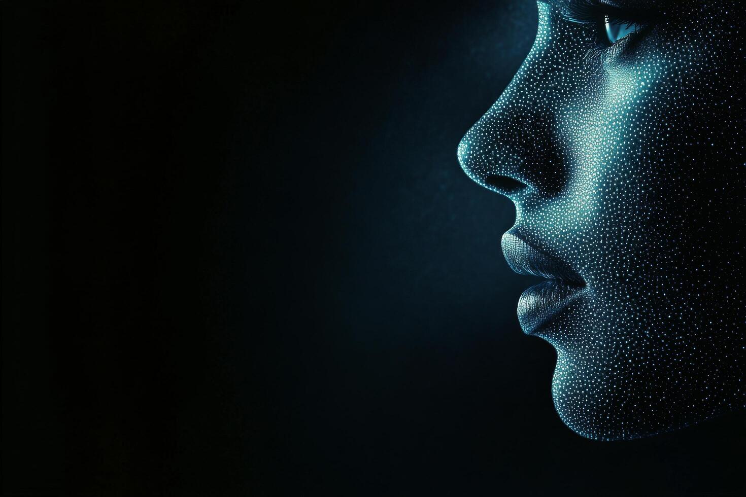 Intricate profile of a person with shimmering droplets reflecting light in dark setting photo