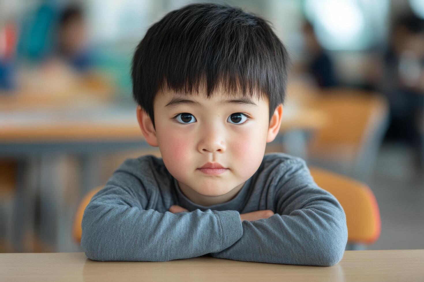Young child sitting alone at a desk in a classroom during daytime learning photo