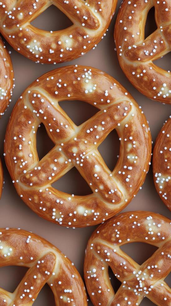 Freshly baked pretzels with colorful sprinkles arranged neatly in a pattern photo