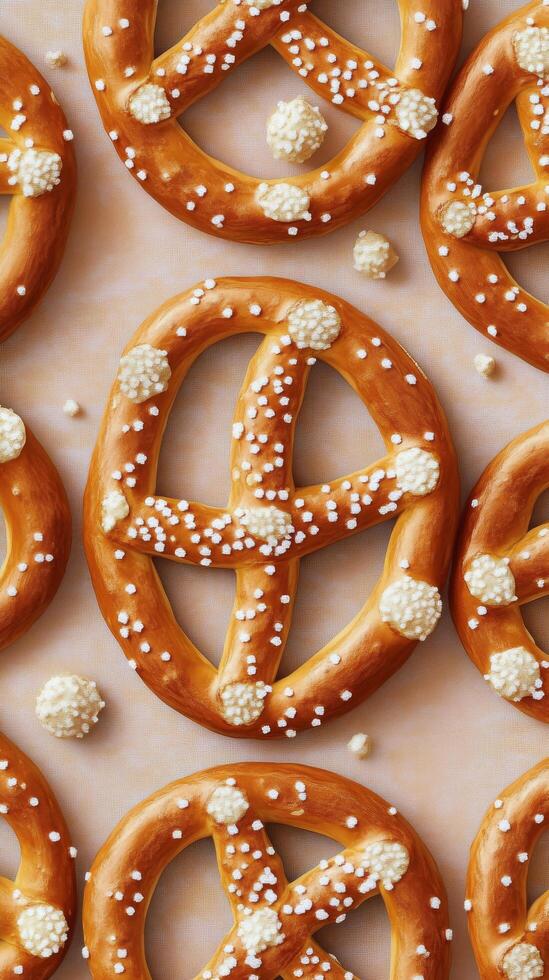 Freshly baked pretzels with colorful sprinkles arranged neatly in a pattern photo