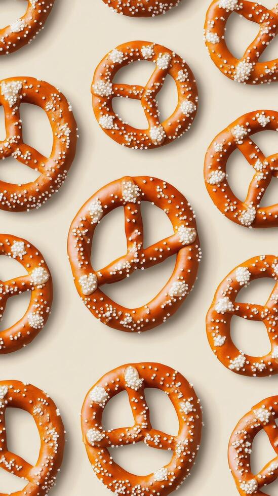 Freshly baked pretzels with colorful sprinkles arranged neatly in a pattern photo