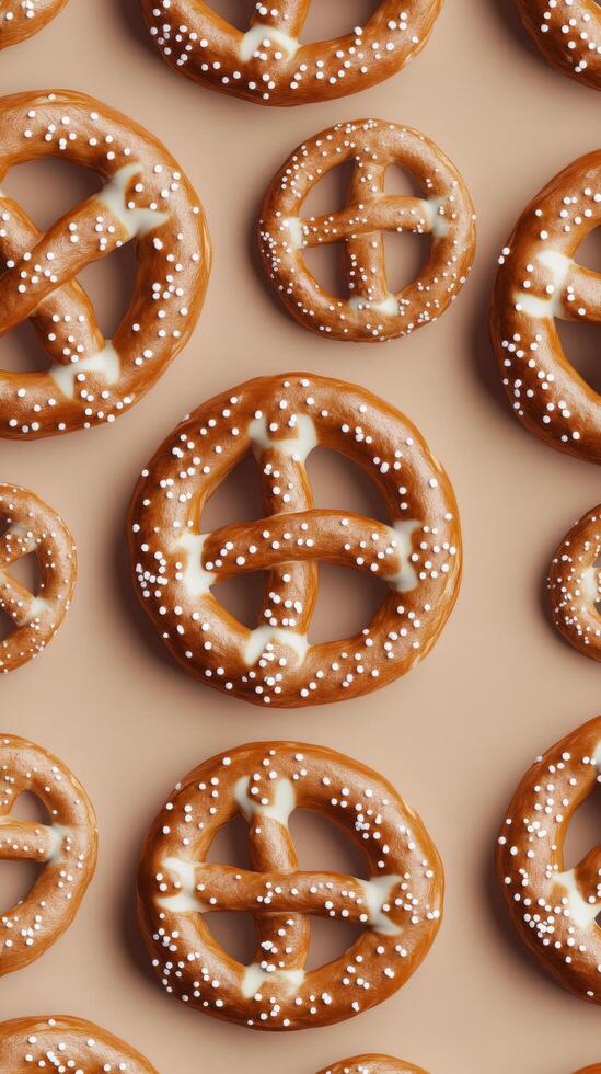 Freshly baked pretzels with colorful sprinkles arranged neatly in a pattern photo