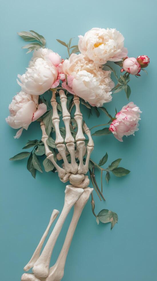 Artistic representation of a skeleton hand holding peony flowers against a blue background photo