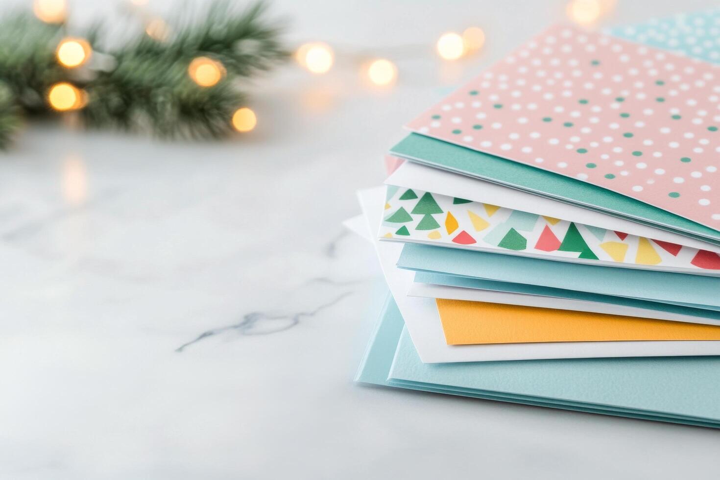 Colorful Christmas cards arranged on a marble surface with festive lights in the background photo