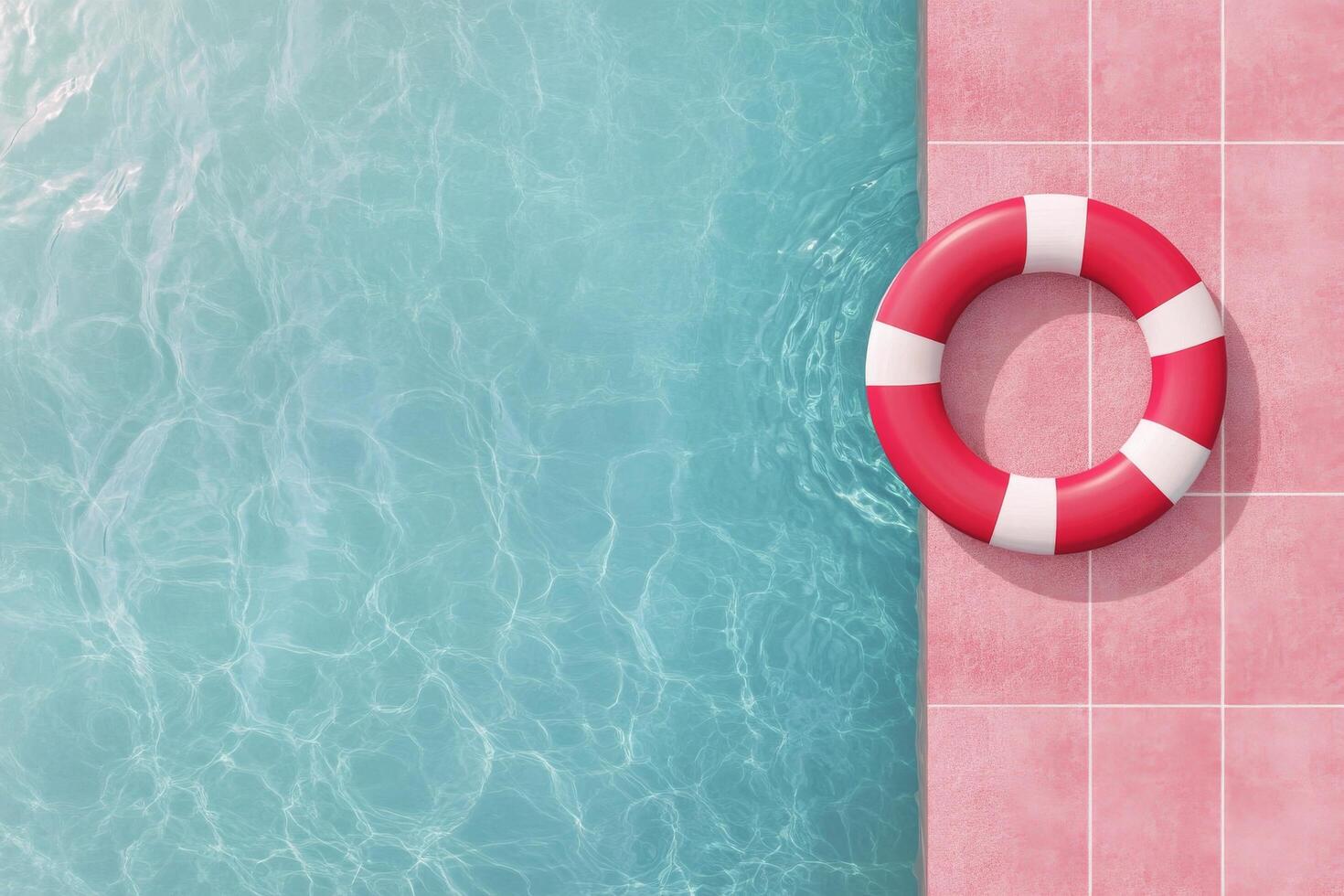 Lifebuoy on the edge of a tranquil swimming pool surrounded by pastel tiles photo