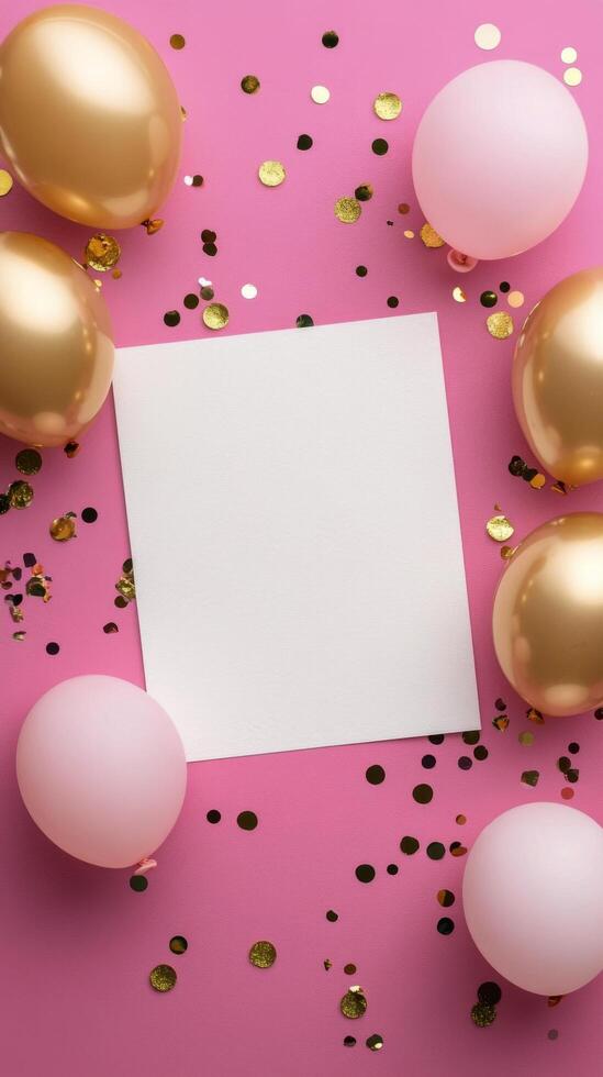 Celebration setup with pastel balloons and confetti on a pink background for a special event photo