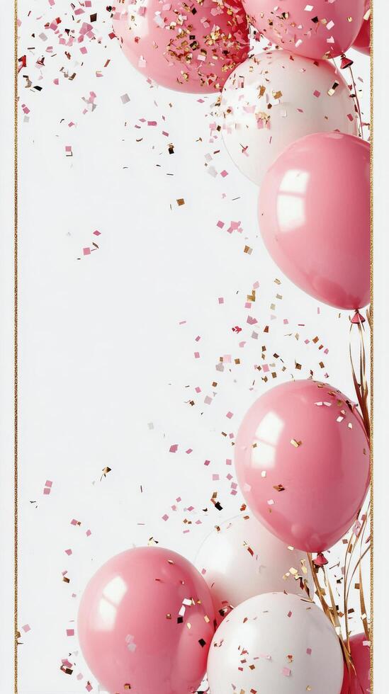 Celebration setup with pastel balloons and confetti on a pink background for a special event photo