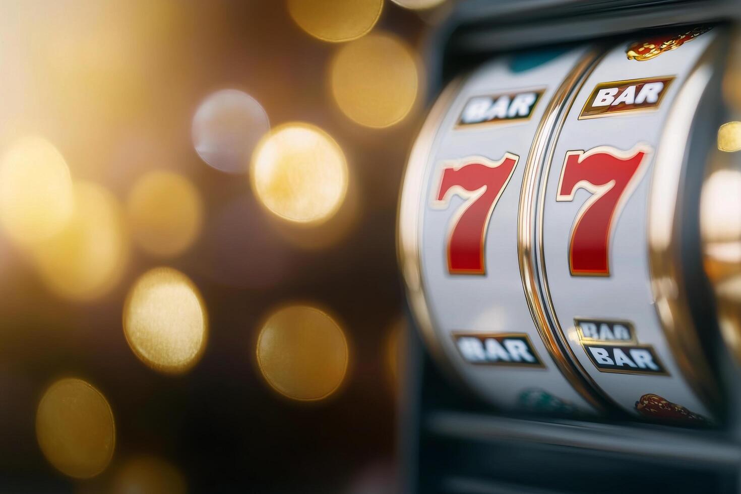 Vibrant slot machine with lucky sevens in a casino at night photo