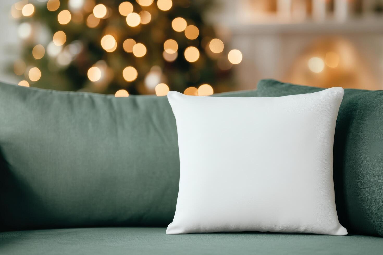 Cozy couch with decorative pillow near a festive Christmas tree in a bright living room photo