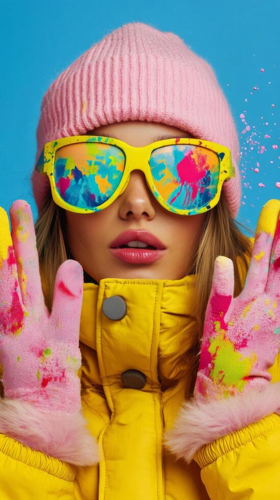 Colorful winter portrait of a woman with painted hands and bright sunglasses in a snowy setting photo