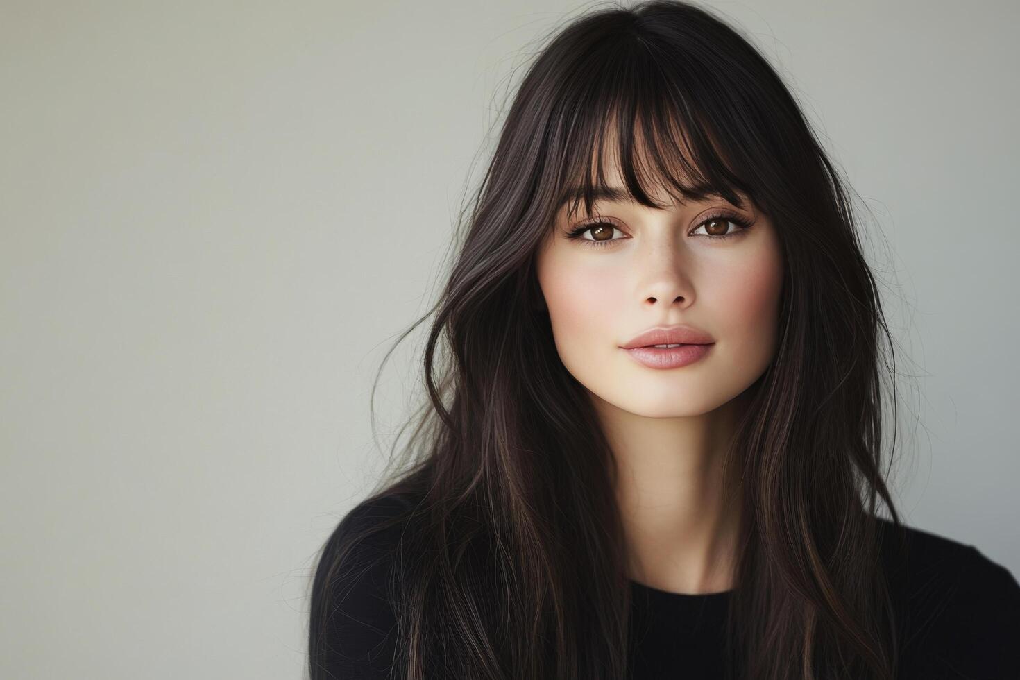 Portrait of a young woman with long dark hair and soft makeup against a neutral background photo