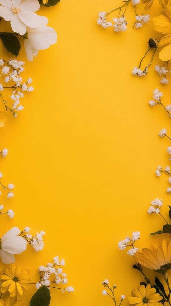 Flower arrangement with daisies and chrysanthemums on a bright yellow background photo