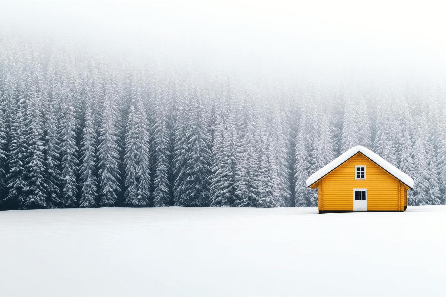 Bright yellow house in a snowy landscape during winter with trees in the background photo