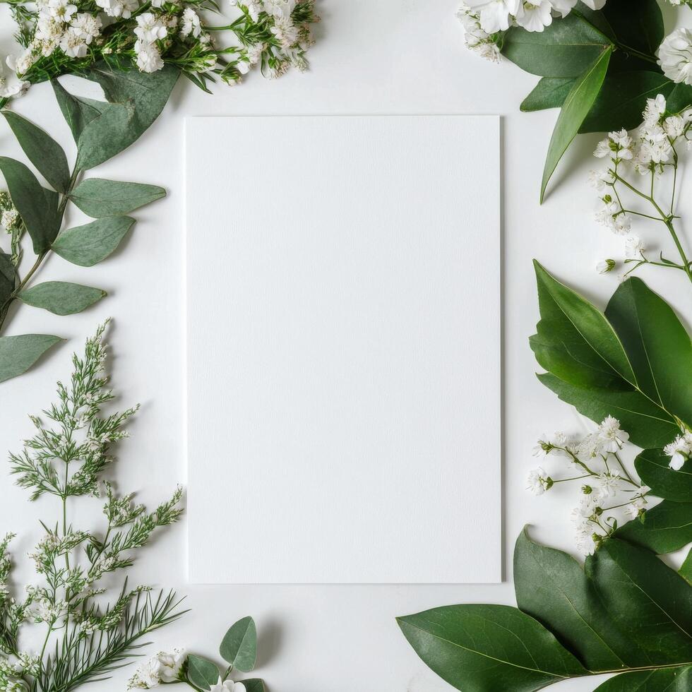 Fresh greenery and delicate flowers surround a blank white sheet on a neutral background photo
