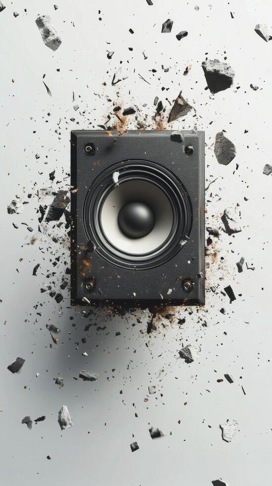 Explosive sound wave with shattered speaker parts in dynamic display of energy and motion photo