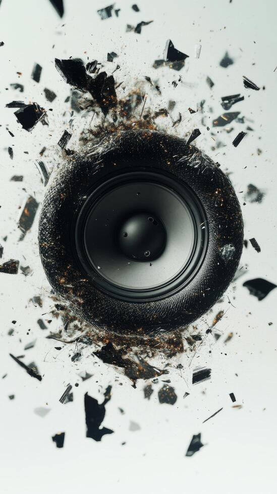 Explosive sound wave with shattered speaker parts in dynamic display of energy and motion photo