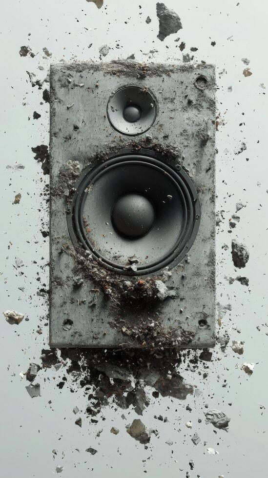 Explosive sound wave with shattered speaker parts in dynamic display of energy and motion photo
