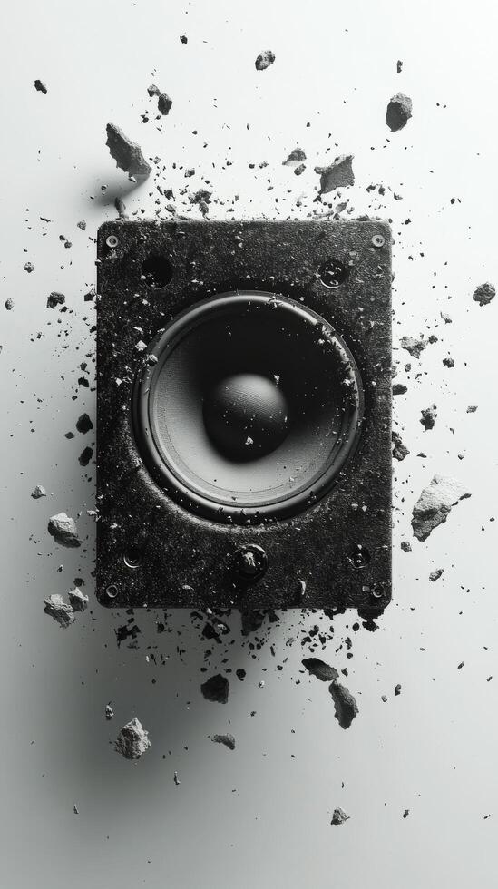 Explosive sound wave with shattered speaker parts in dynamic display of energy and motion photo
