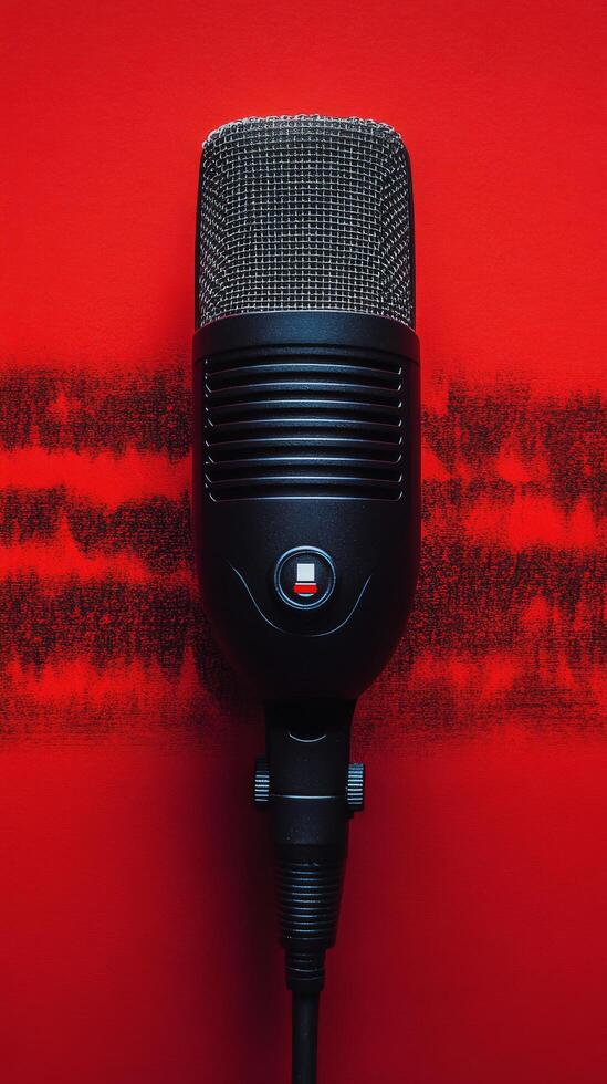 Classic microphone on a vibrant red background with sound wave pattern behind it photo