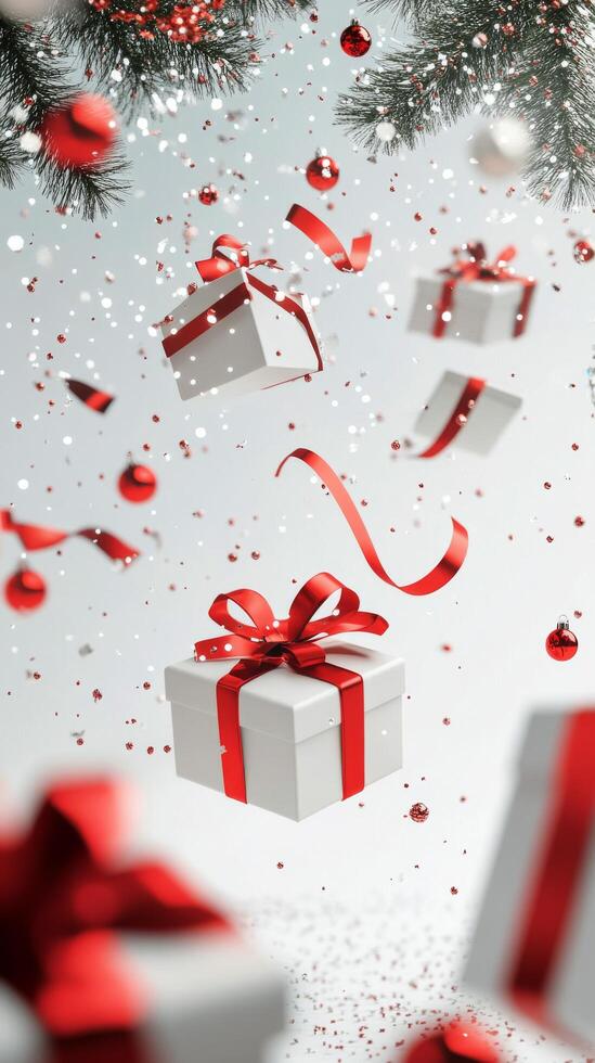 Gift boxes and decorations falling amidst snowflakes in a festive atmosphere during winter photo