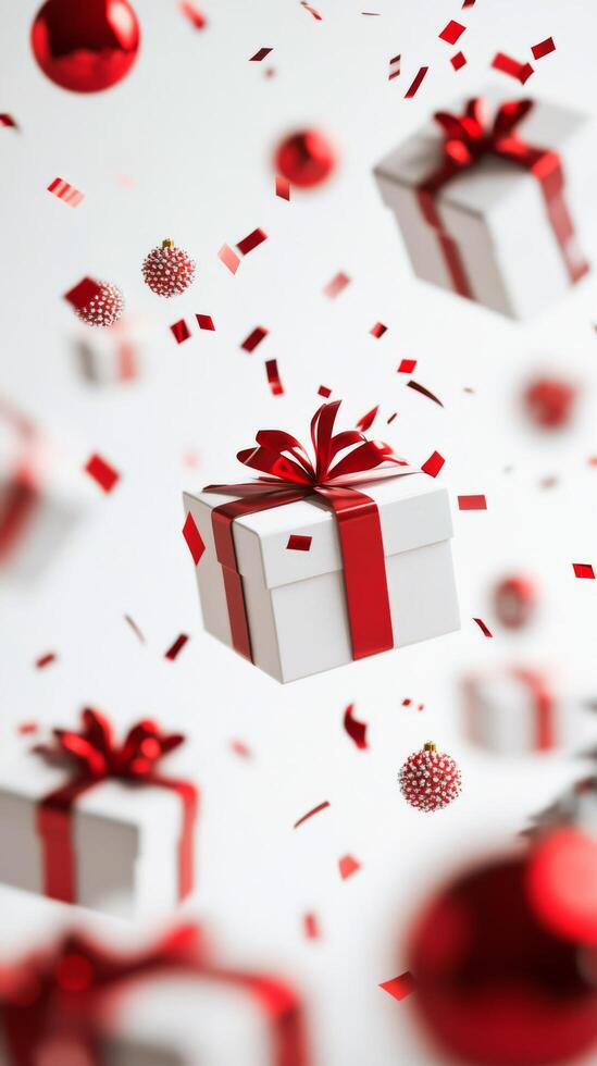 Gift boxes and decorations falling amidst snowflakes in a festive atmosphere during winter photo