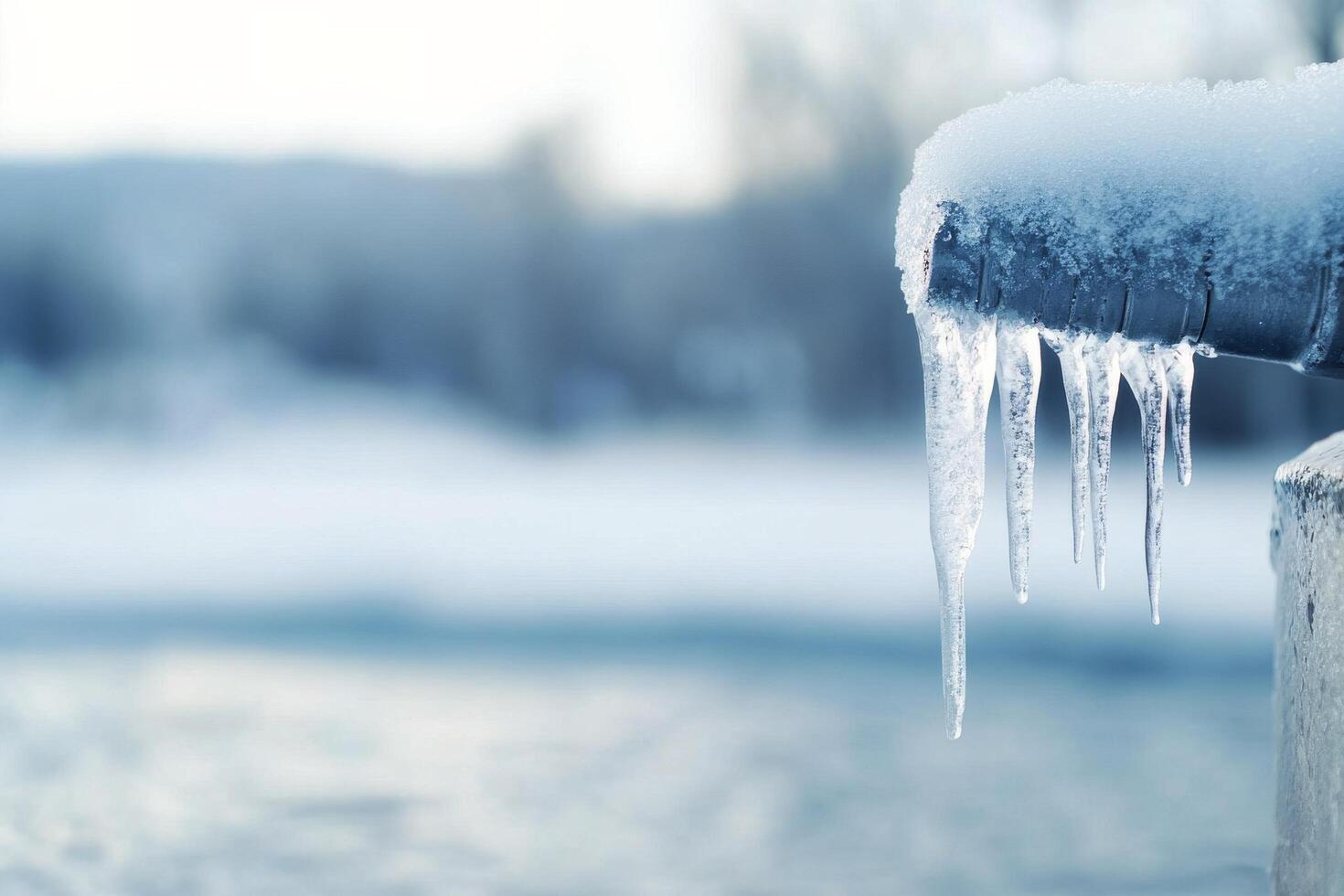 Frozen faucet with icicles at sunset in a winter landscape photo