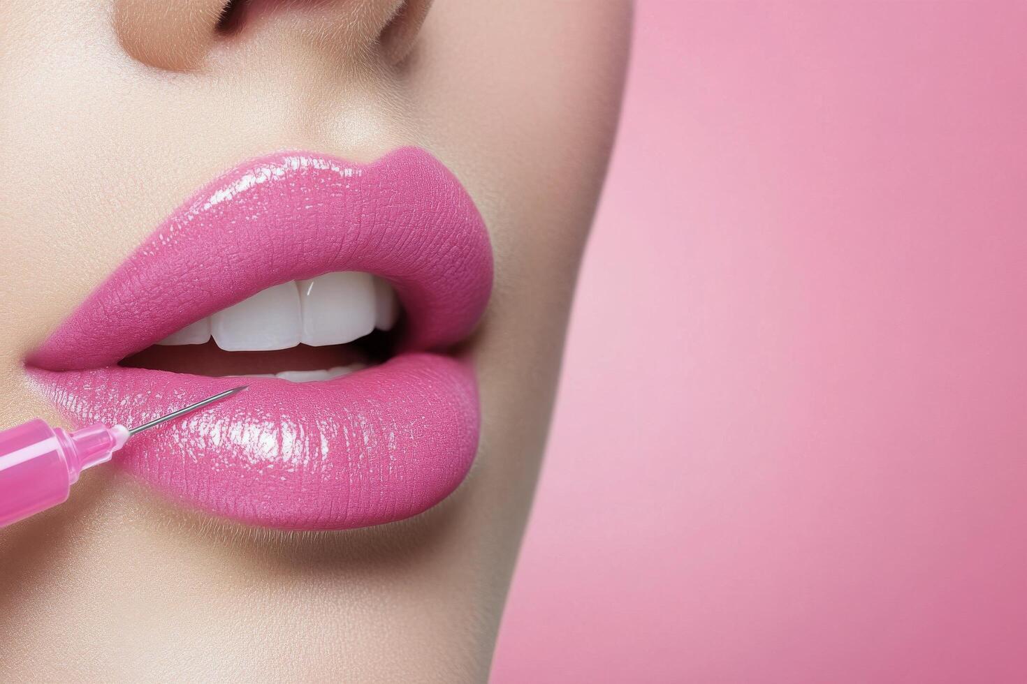 Enhancing lips with cosmetic procedure and vibrant pink background during daylight hours photo