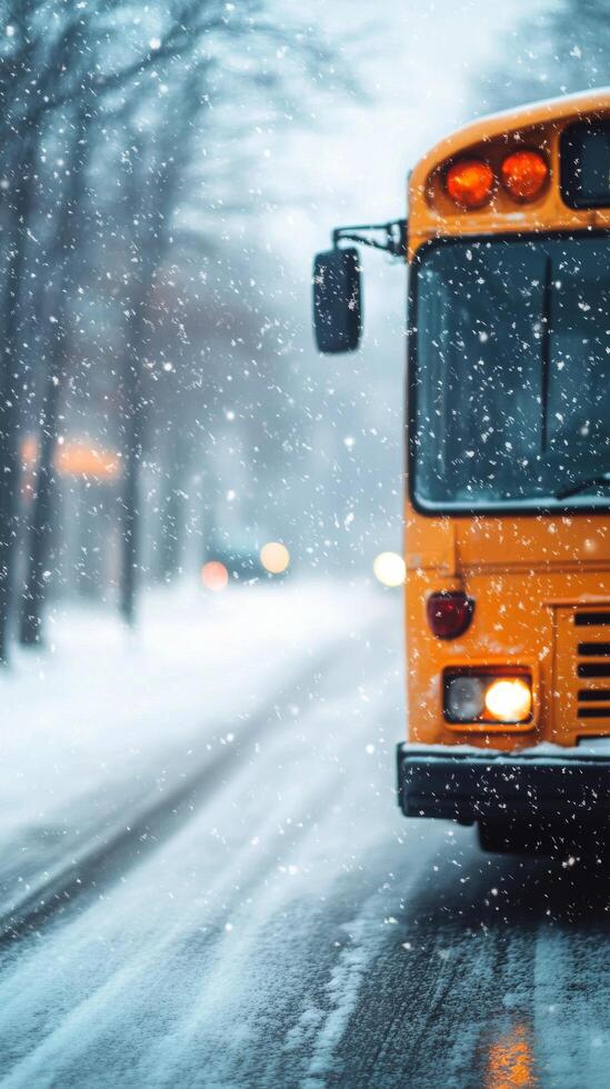 Bright yellow bus parked on a snowy road surrounded by tall trees in winter photo