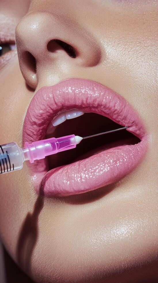 Procedure for cosmetic lip enhancement with syringe at beauty clinic photo