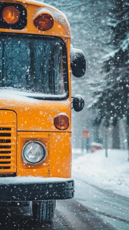 Bright yellow bus parked on a snowy road surrounded by tall trees in winter photo
