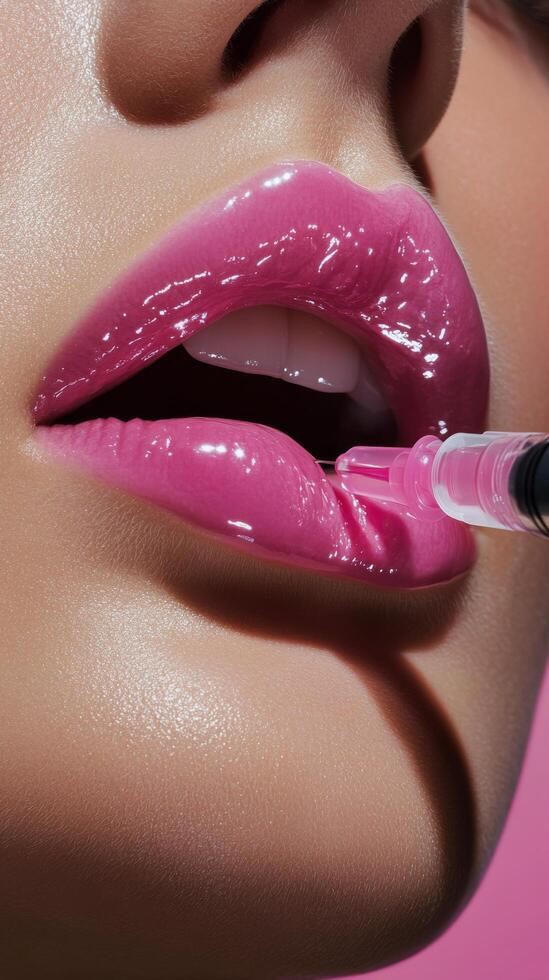 Procedure for cosmetic lip enhancement with syringe at beauty clinic photo