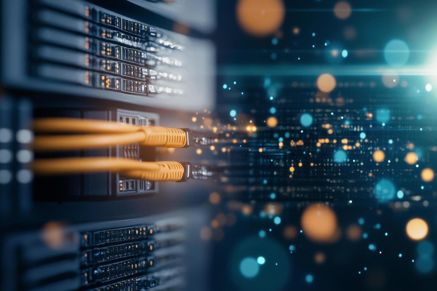 Close up of network cables connected to server with glowing lights in a data center environment photo