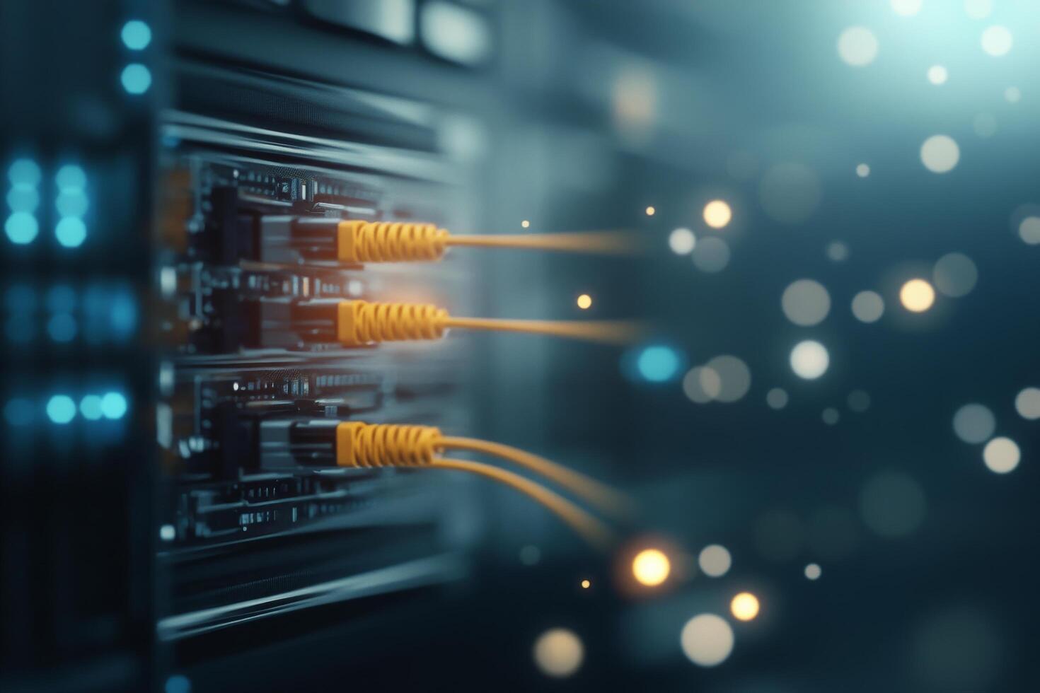 Close up of network cables connected to server with glowing lights in a data center environment photo