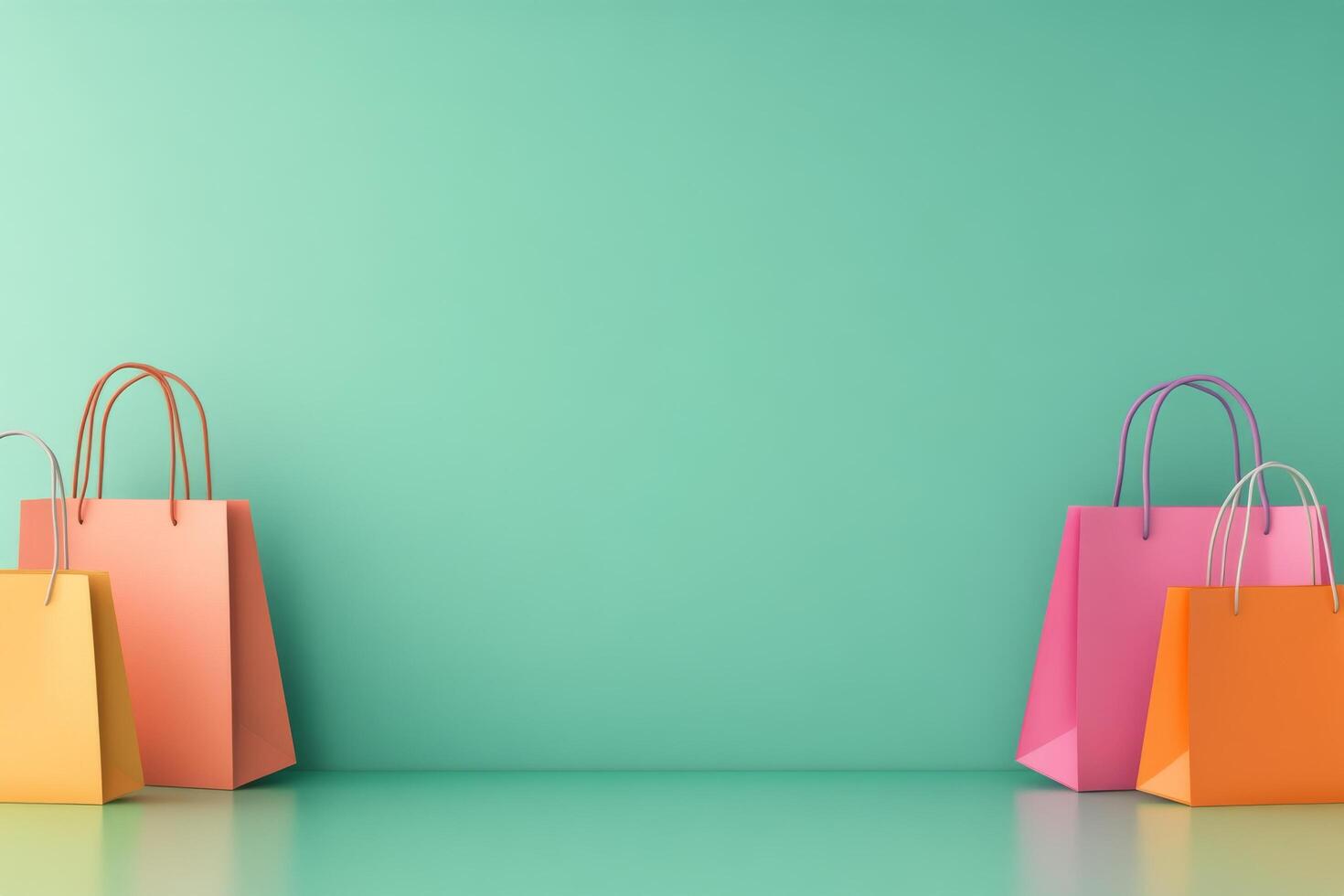 Colorful paper shopping bags resting against mint green background photo