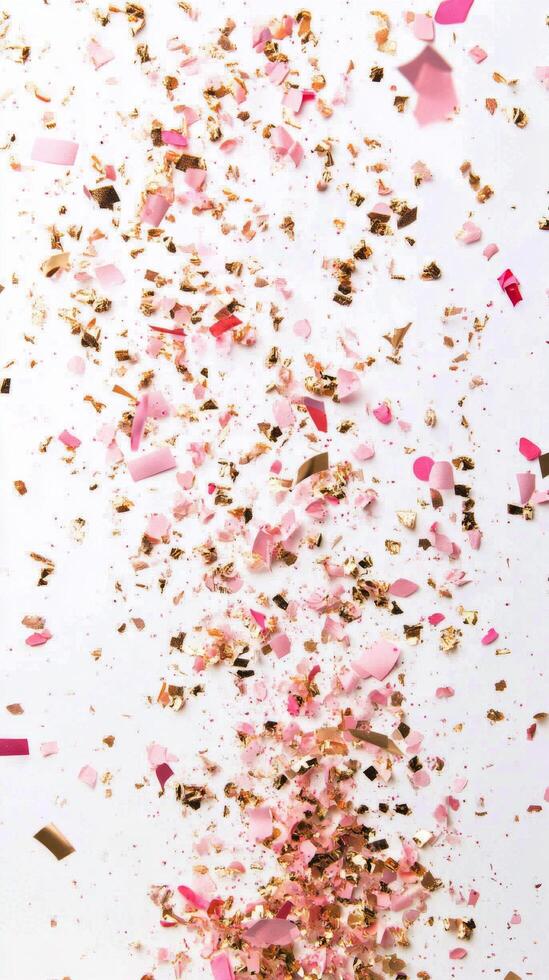Colorful confetti made of pink petals and gold flakes falling gracefully from above photo