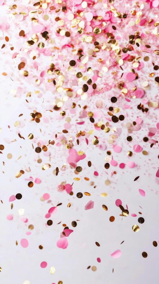 Colorful confetti made of pink petals and gold flakes falling gracefully from above photo