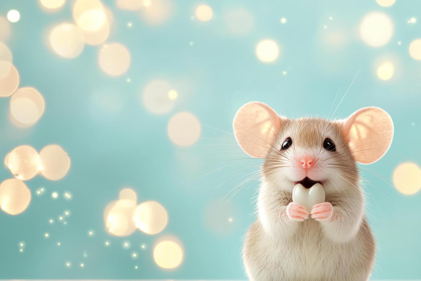 Cute plush mouse toy sitting happily on a soft blue background surrounded by sparkles photo