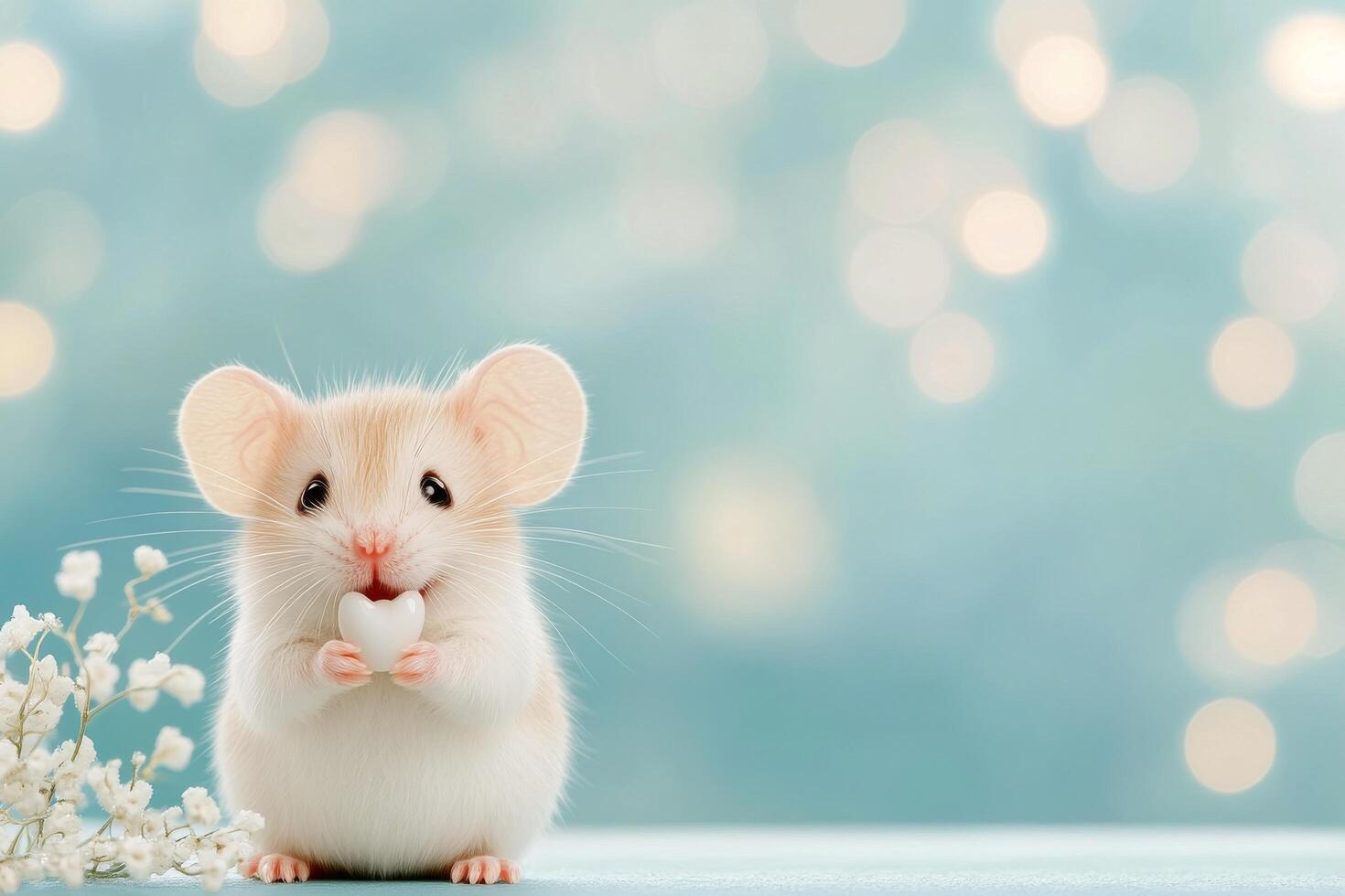 Cute plush mouse toy sitting happily on a soft blue background surrounded by sparkles photo