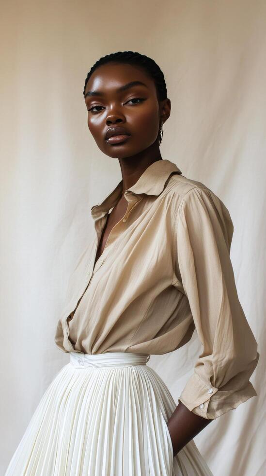 Elegant model showcases fashion with neutral tones in studio setting photo