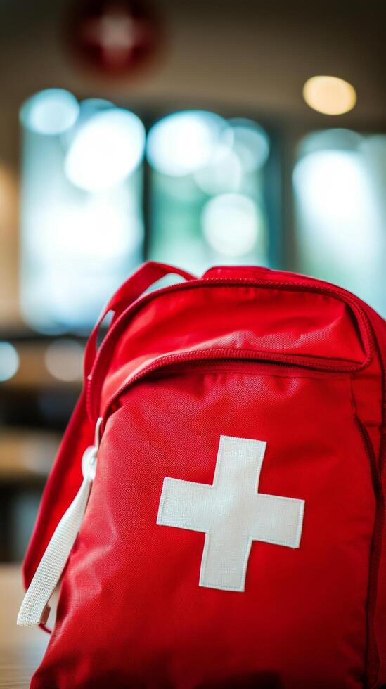 First aid kit placed on a table in a bright room with soft lighting and blurred background photo