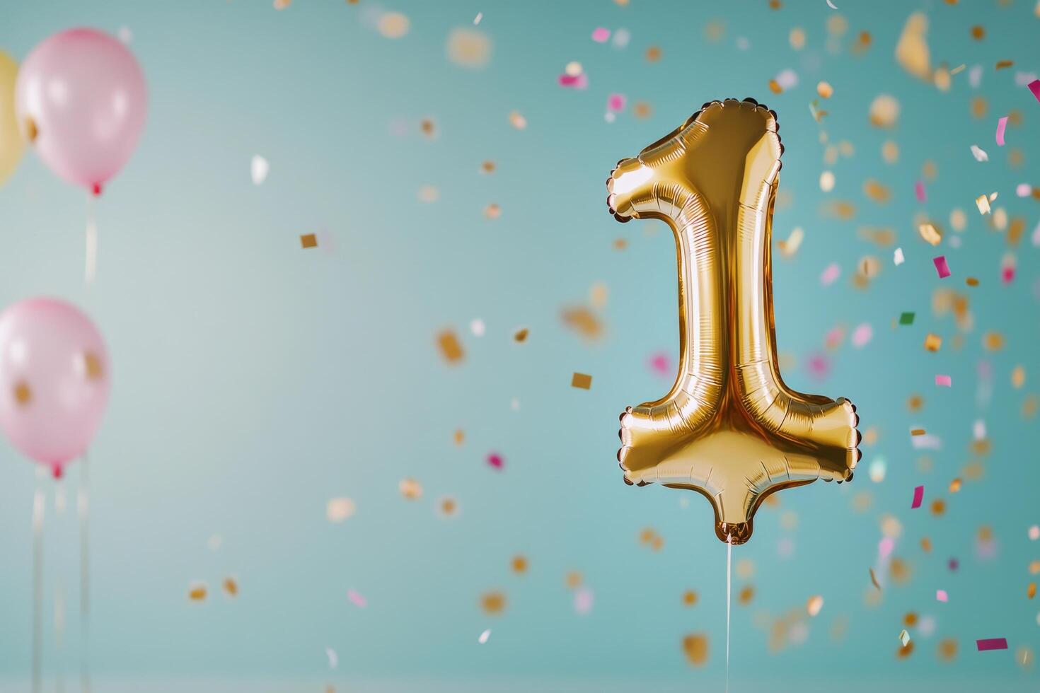 Celebration of a first birthday with golden number balloon and confetti in vibrant colors photo