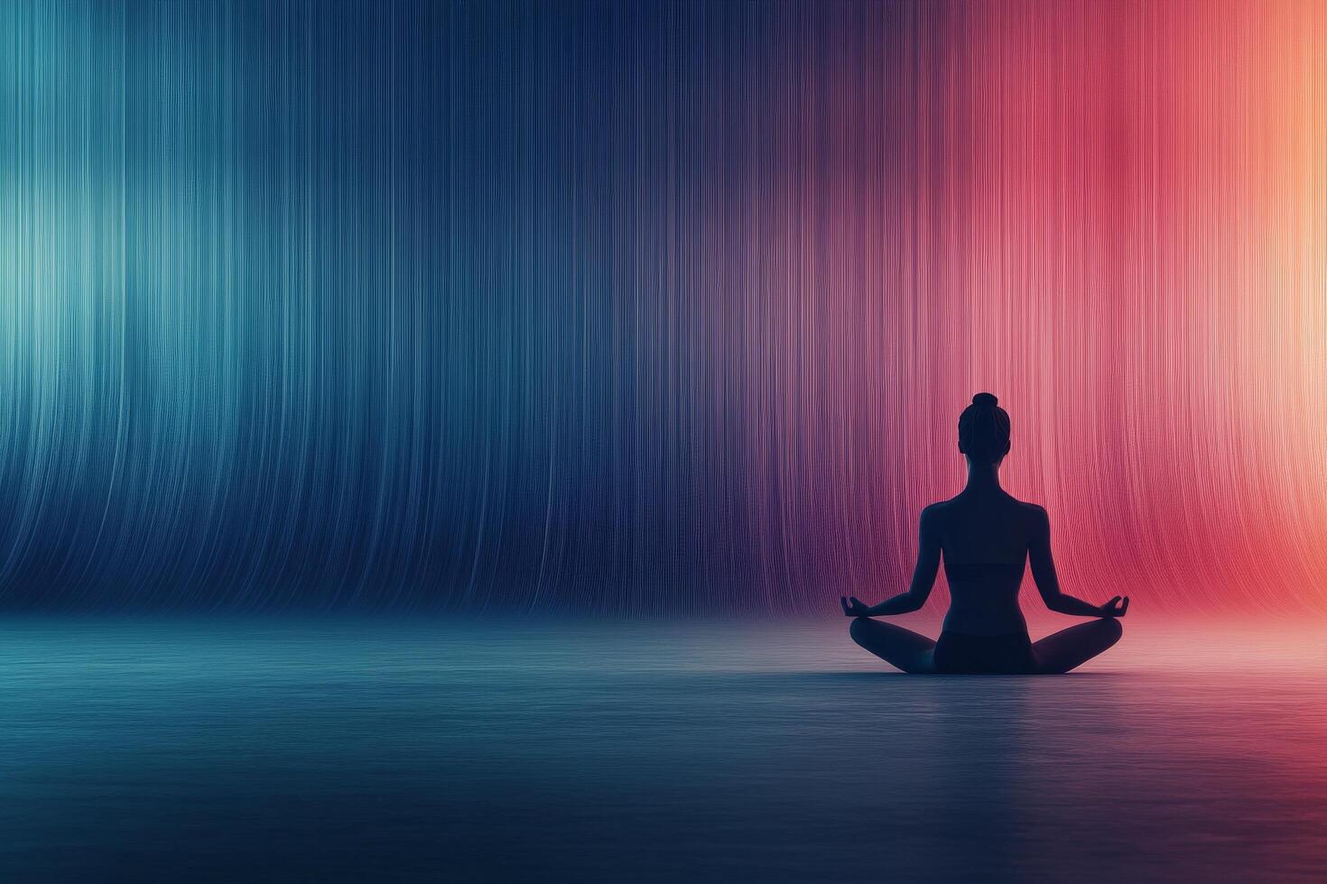 Meditating figure silhouetted against colorful lighting in a serene environment photo